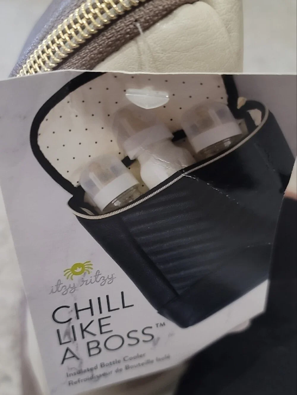 Itzy Ritzy Chill Like a Boss Taupe & Cream Chevron-Panel Bottle Bag